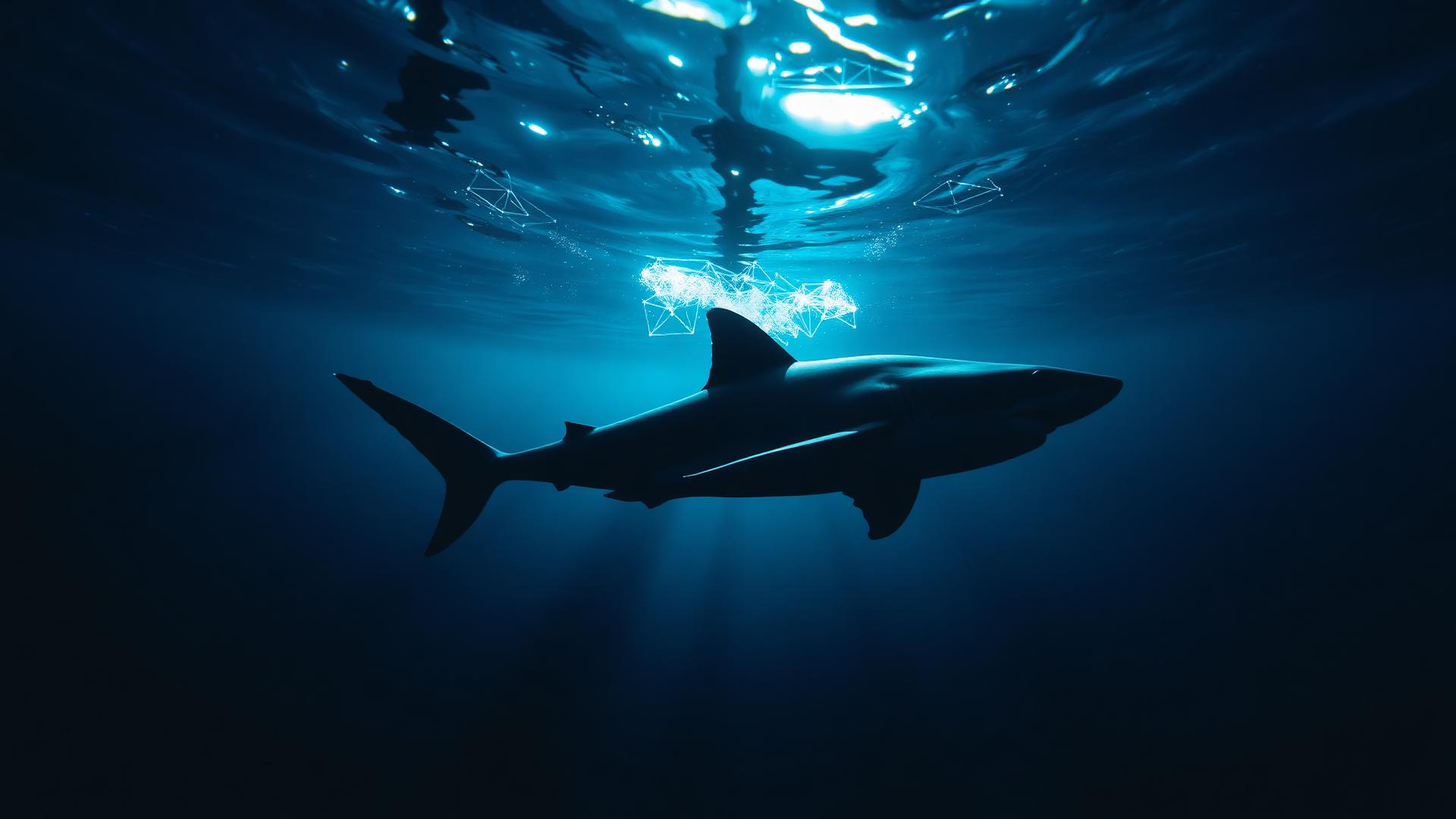Tubarão nadando no oceano com conexões neurais de IA